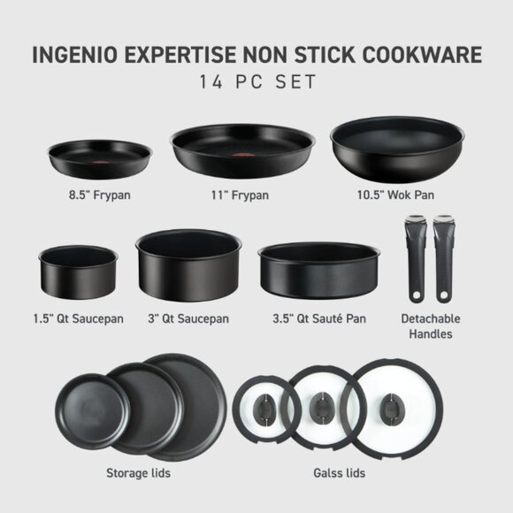 T-fal Ingenio Expertise Nonstick 14-Piece Cookware Set, Induction Oven Safe up t - Picture 2 of 6